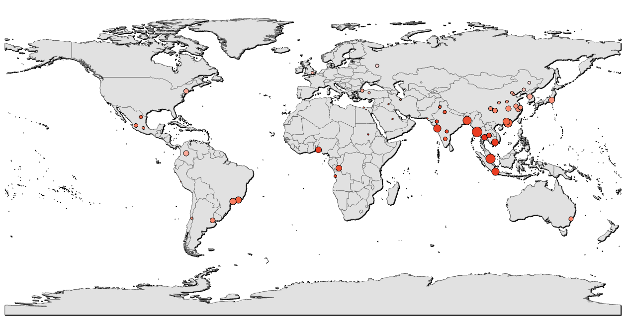 World Cities, size based on precipitation, colour based on temperature