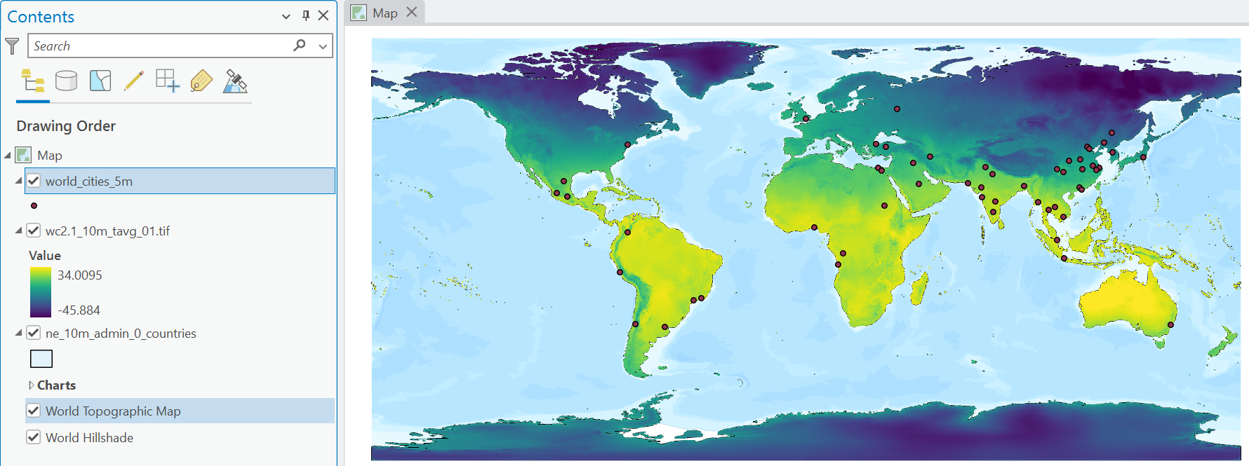 Average temperature using the Viridis colour ramp, stretching from min-max