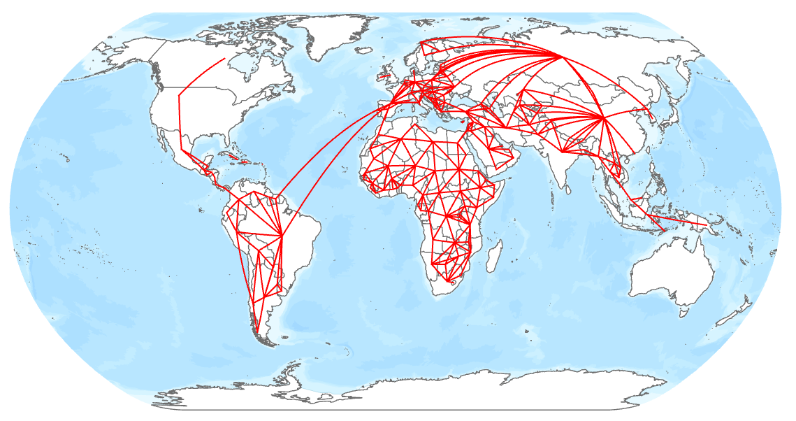 Natural Earth data, visualised using the Natural Earth CRS (EPSG:54077), showing contiguous neighbourhood connections