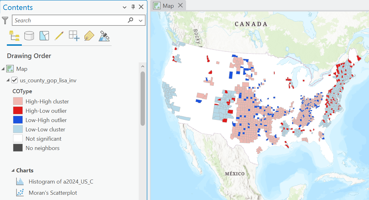Output of local Moran’s I_{i}, using inverse distance weighting for w