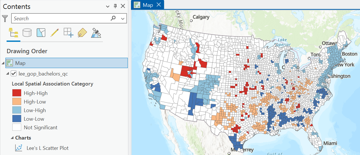 Local spatial association for Republican vote share vs. Share of the population with a Bachelors degree or higher